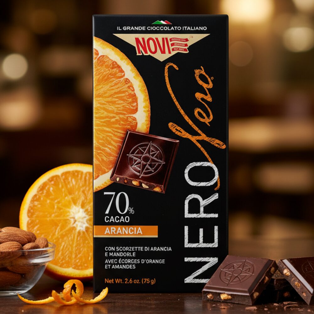 Novi Nero Extra 70% – Włoska Czekolada Gorzka z Pomarańczą i Migdałami 75 g Bez Glutenu