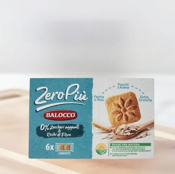Opakowanie Balocco herbatniki bez cukru ZeroPiù, z płatkami owsianymi i ryżem.