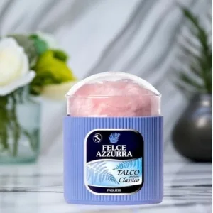 Opakowanie Felce Azzurra talk z puszkiem 250g, elegancki włoski puder do ciała.