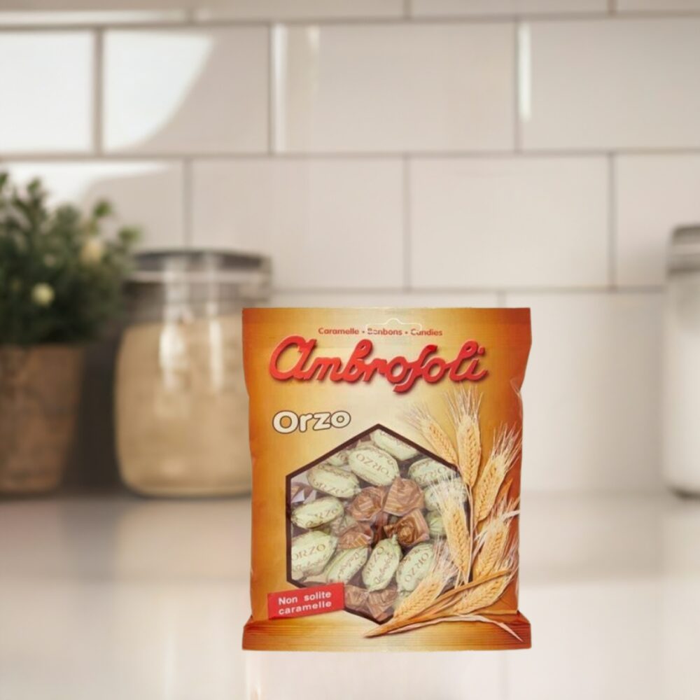Opakowanie Ambrosoli cukierki jęczmienne 150g, włoskie cukierki bezglutenowe.