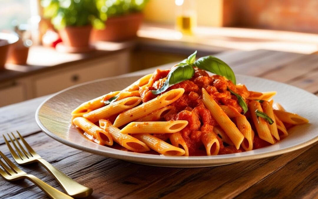 Penne z kremowym sosem szpinakowym i orzechami