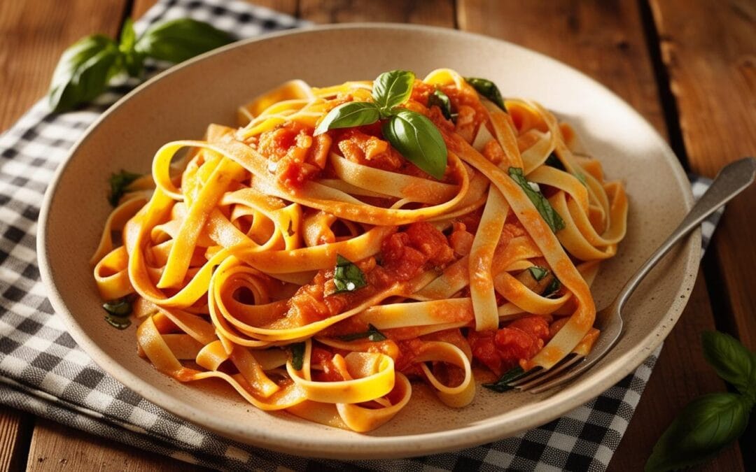 Przepis na tagliatelle z sosem pomidorowym i bakłażanem