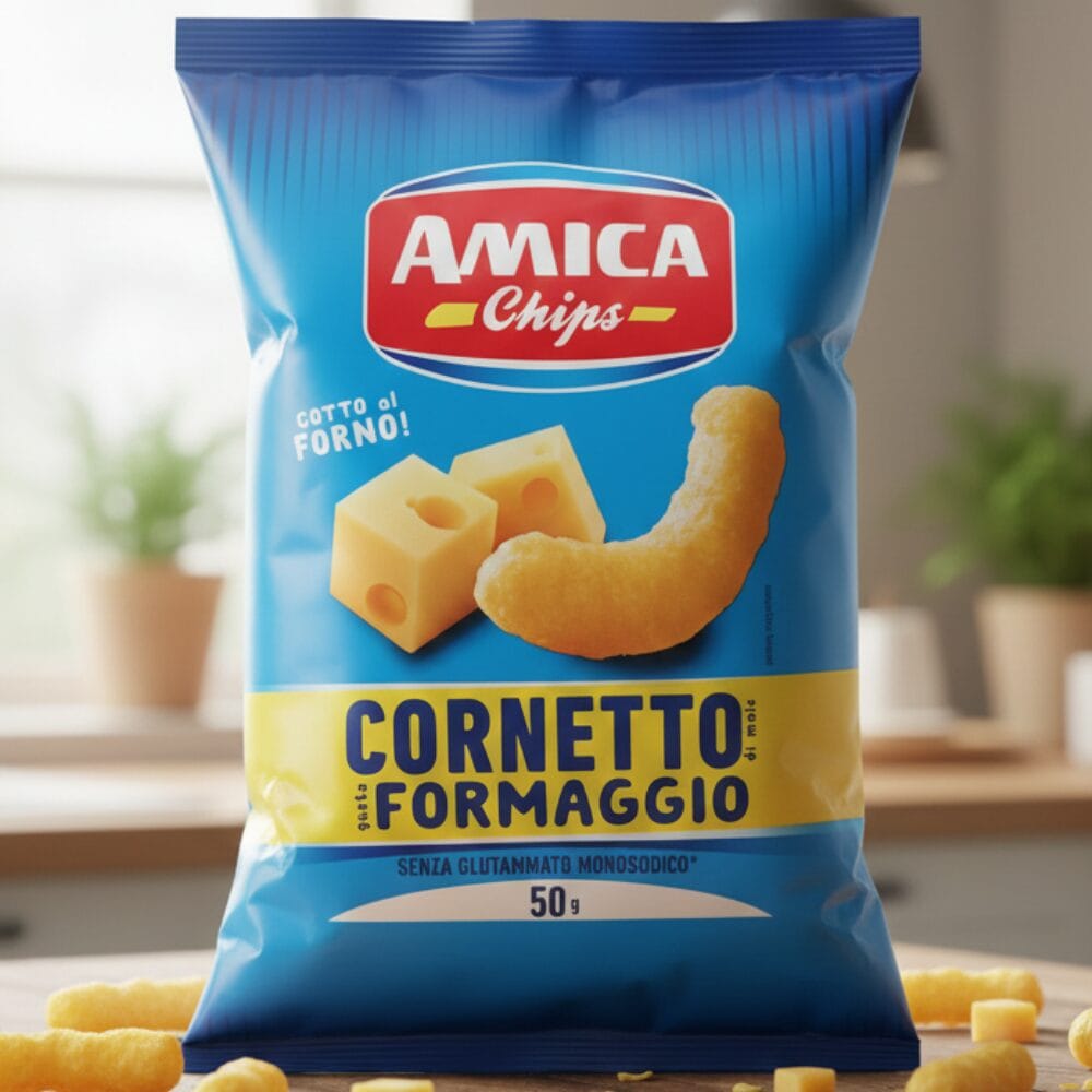 Amica Chips Cornetto Formaggio – włoskie chipsy serowe aż 63% mąki kukurydzianej 125 g
