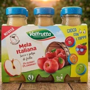 Valfrutta Mela Italiana 6x125ml – Włoski Sok i Miąższ z Jabłek w Szklanych Butelkach